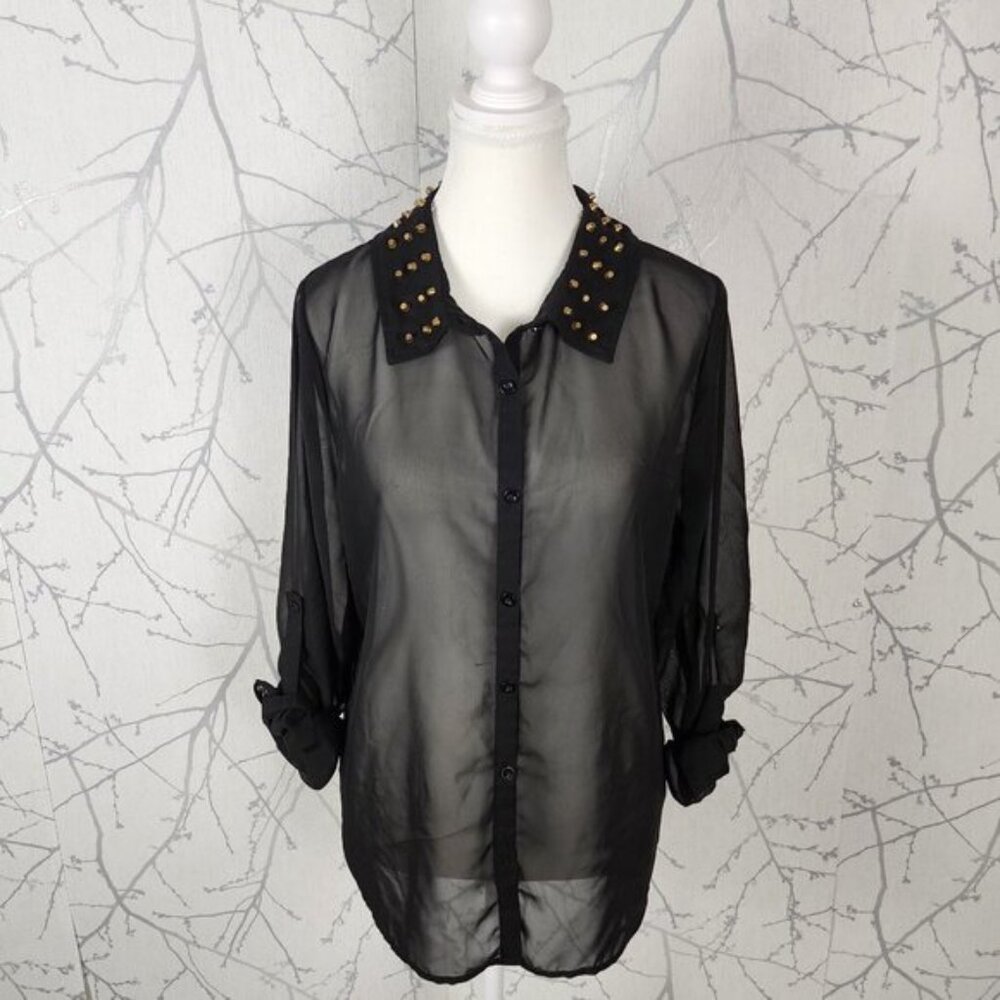 Stella Tweed Black Gold Studded Collar Button Front Sheer Blouse